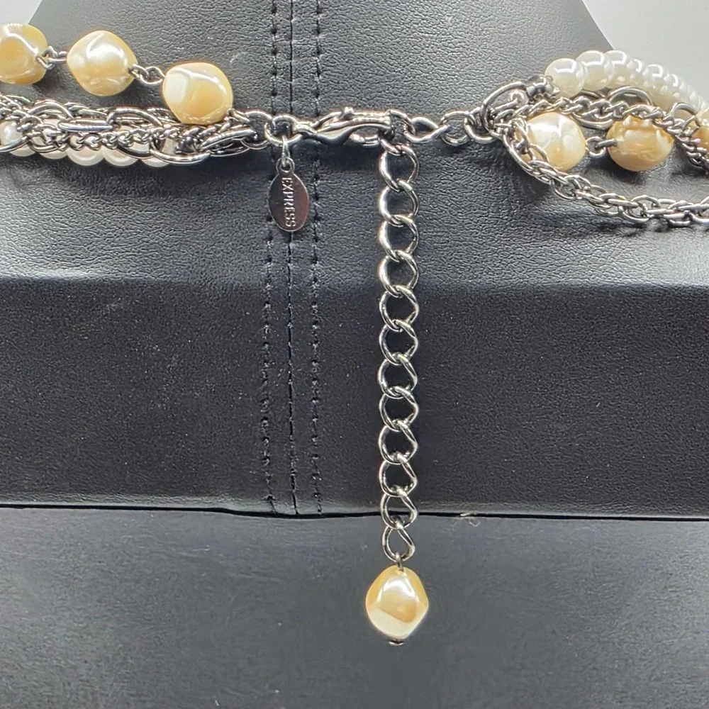 Express Gunmetal Faux Pearl Rhinestone Floral Multi Strand Statement Necklace‎